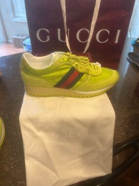 Gucci Lime Green Runner Sneaker with Red-Green Web Stripe